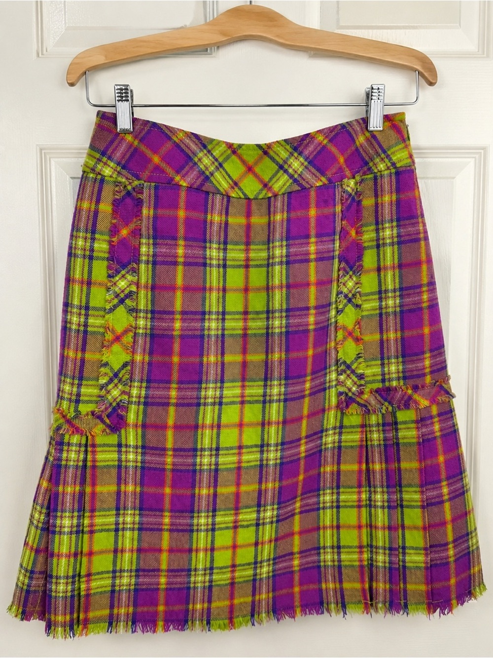 Carlisle Plaid Wool Mini Skirt Fringe Pocket Lime Purple Size 6